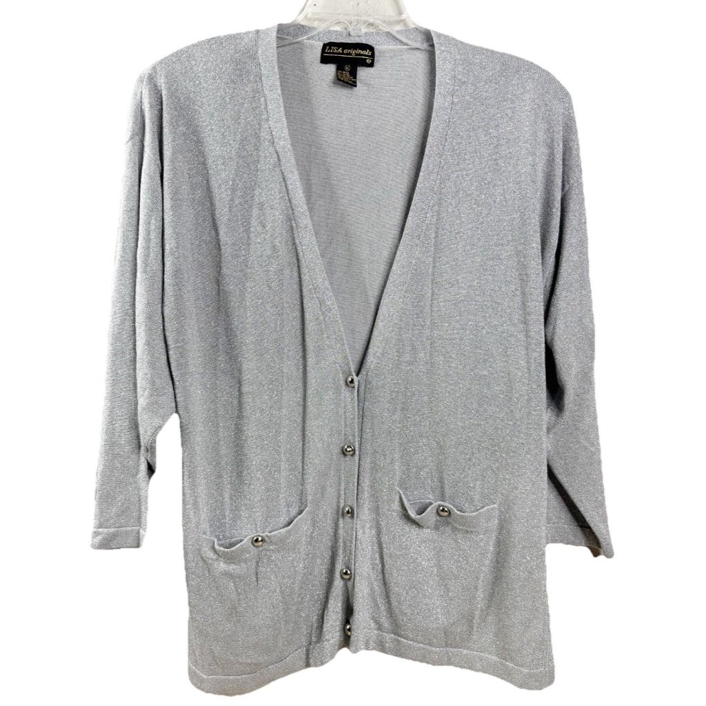Vtg Lisa Originals Xl Silver Sparkly Button Up Cardigan Rayon Blend Metallic Euc